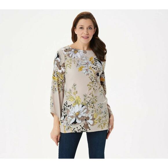 Susan Graver Top Womens 3X Tan Floral Beaded Liquid Knit Stretch Comfort Office - Picture 1 of 15